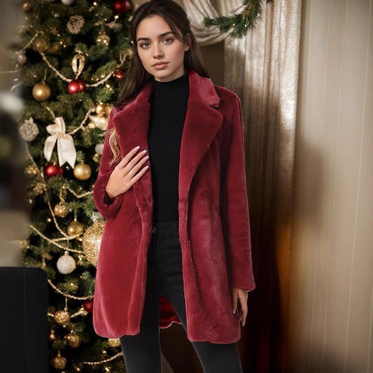 Women's Otter Rabbit Fur Medium Long Suit Collar Coat